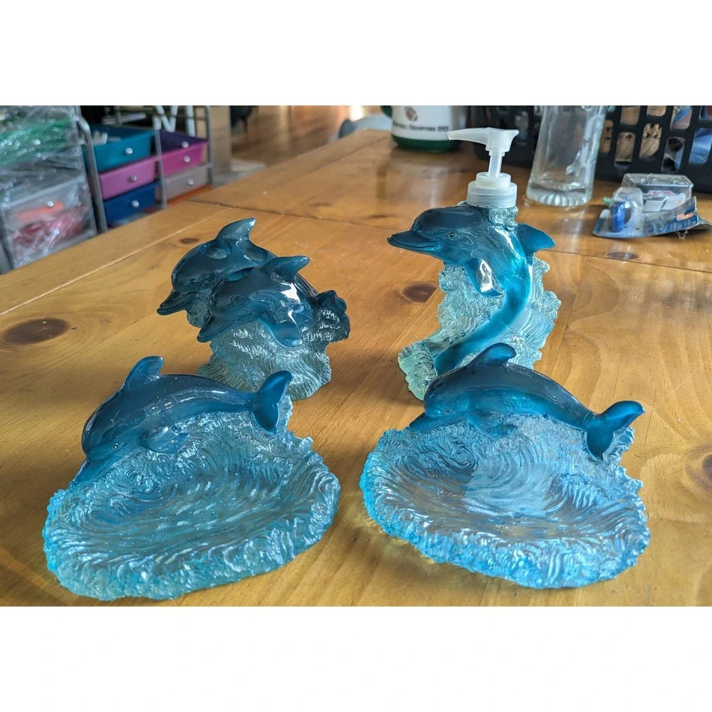 Allure 2000 Vintage Blue Dolphin Resin Bathroom Set 4 Piece Ocean Theme